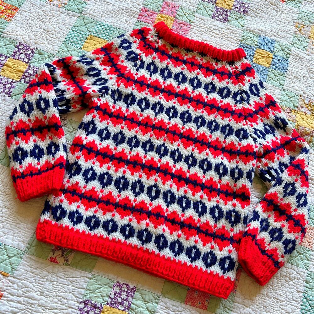 Vintage 60s Chunky Hand Knit Fair Isle Geometric Pattern Pullover Ski Sweater XS